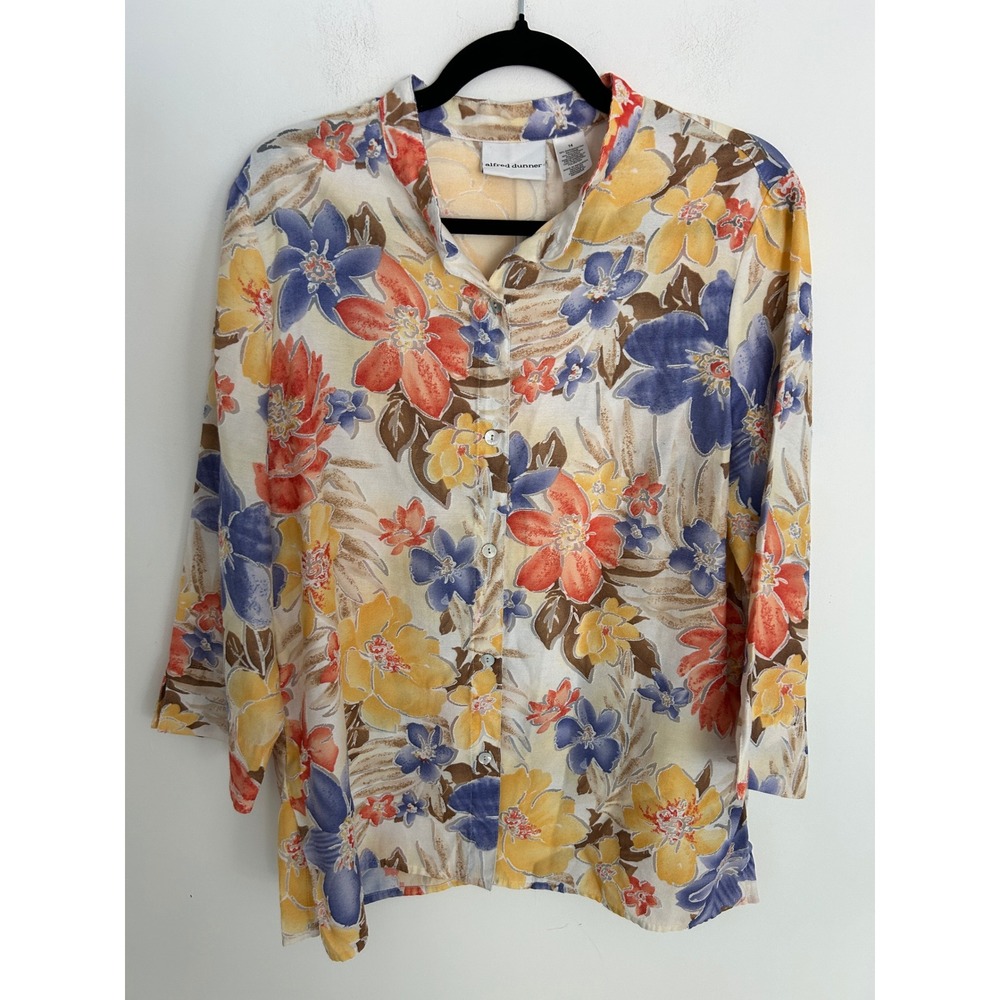 Alfred Dunner Womens Floral Button Up Blouse Blue Orange Yellow Size 14 Top